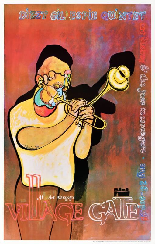A poster of a colorful painted Black man playing trumpet