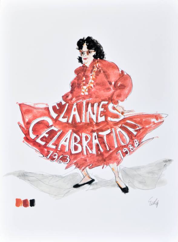 A poster of a woman in a red dress with text in her skirt