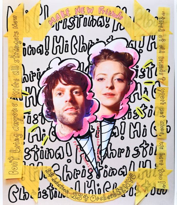 A poster of a man and a woman surrounded by handwritten text