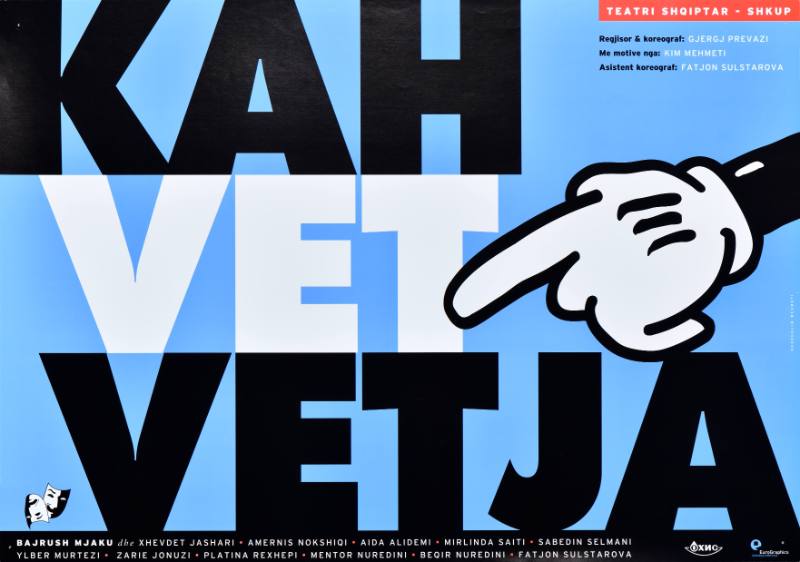 A poster of bold black text on a blue background