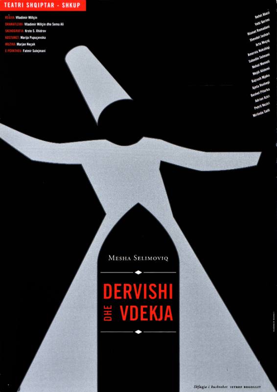 A poster of a shadowy abstract figure in a large white hat on a black background