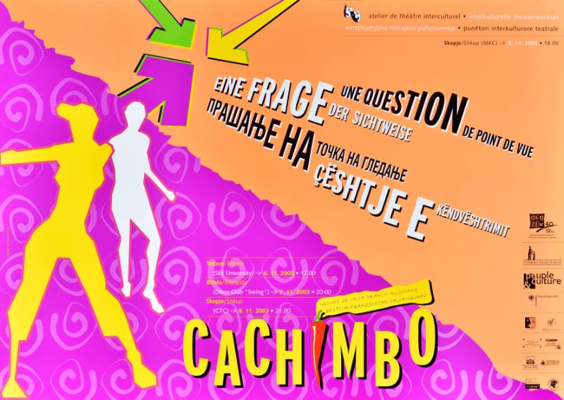 A poster of colorful outlines of people's bodies on an orange and pink background