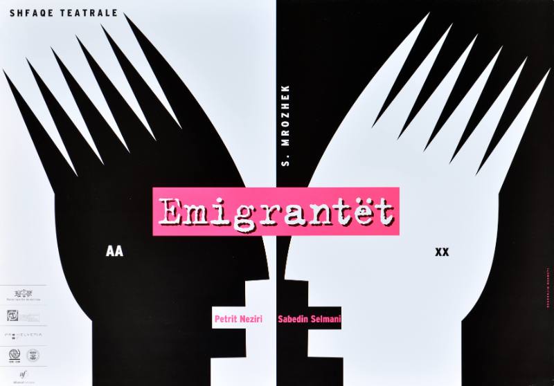 A poster of a black and white pair of faces looking at each other with red text over their eyes