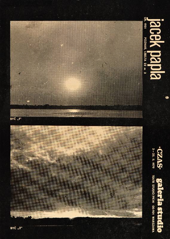 A poster of black and white photographs on a beige and black background