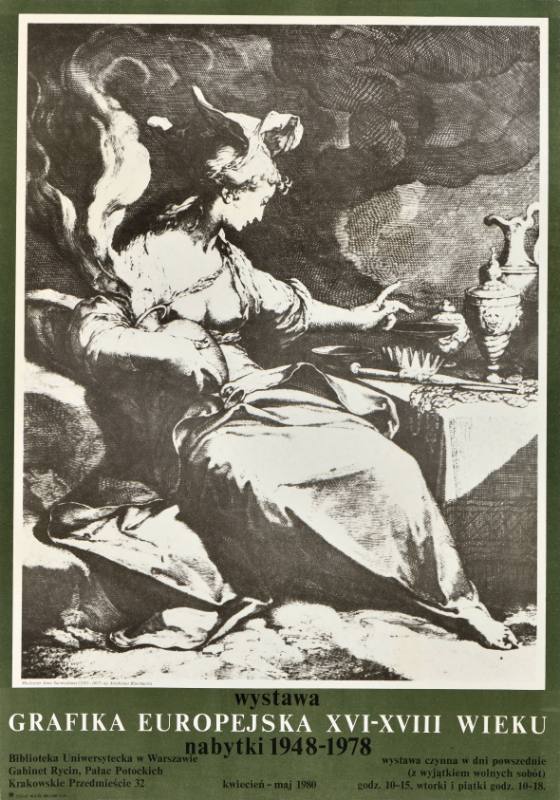A poster with a black and white engraving of a woman at a table surrounded by flowing shapes