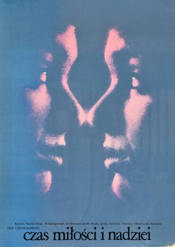 A poster of two abstract pink faces staring at each other