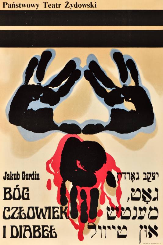 A poster of three hands forming a triangle above Polish and Yiddish text