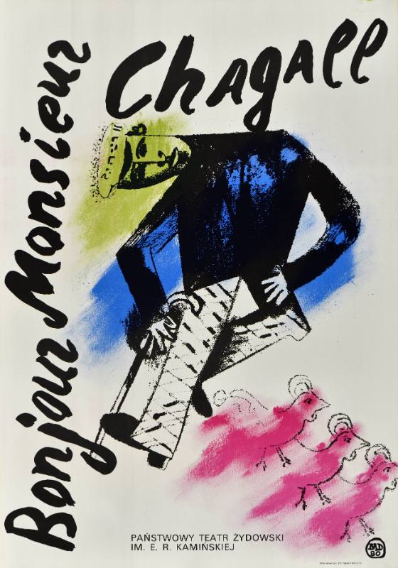 A poster of an abstract man's body hunched over three red chickens