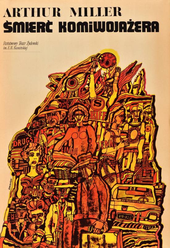 A poster of a crowded scene of Jewish men and women made out of orange and yellow shapes