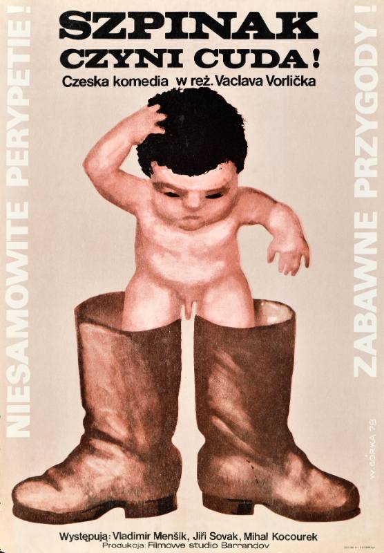 A poster of a naked baby in giant brown boots