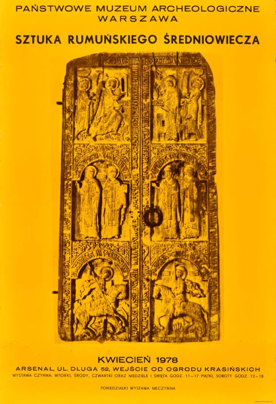 A poster of a Medieval stone carving on a yellow background