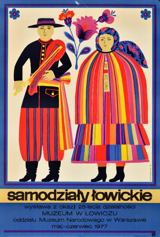 A poster of a folk art image of a man and a woman in colorful paints