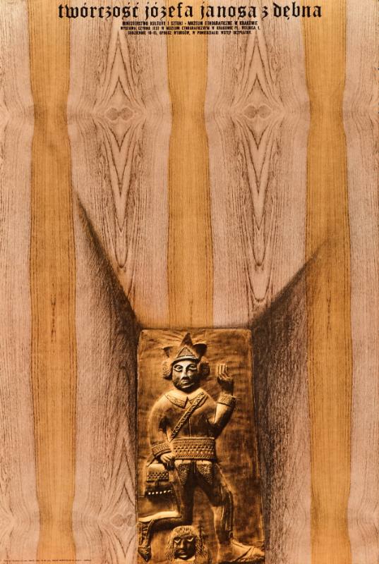 A poster of a wood carving on a wood grain background
