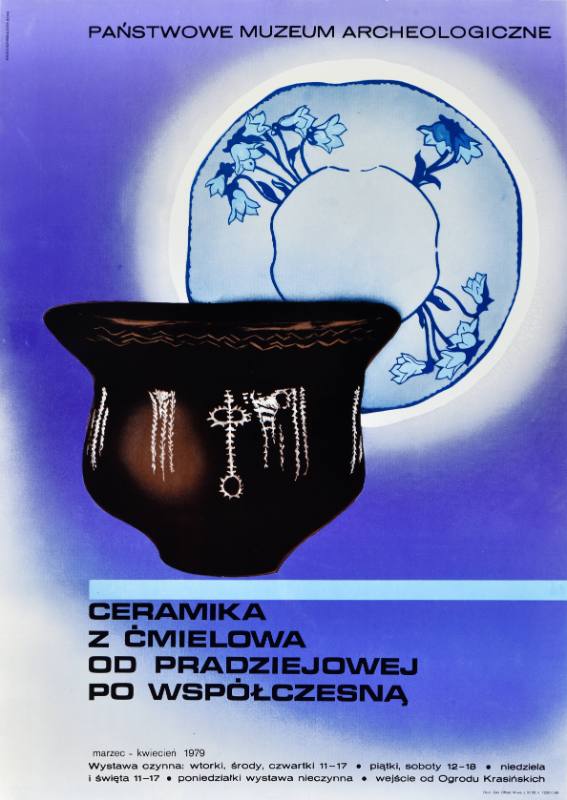 A poster of a black bowl and a blue and white ceramic plate arranged on top of one another