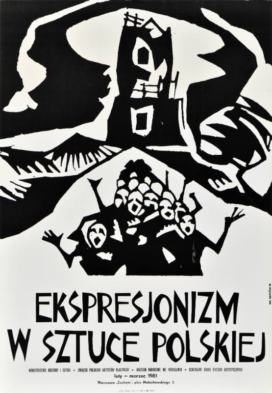 A poster of a black and white print of a group of people screaming in front of a house