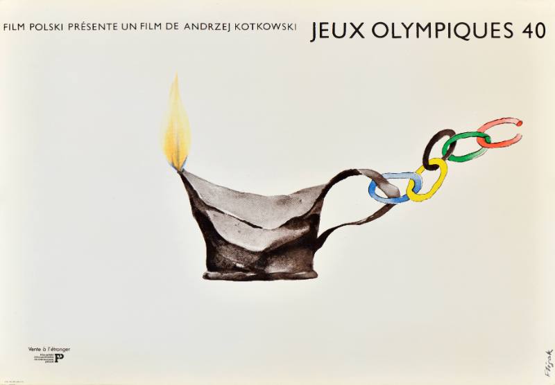 A poster of a lit lantern with Olympic rings next to it