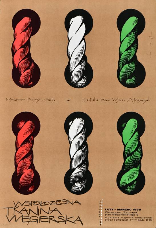 A poster of green, red, and white knots woven through a brown board