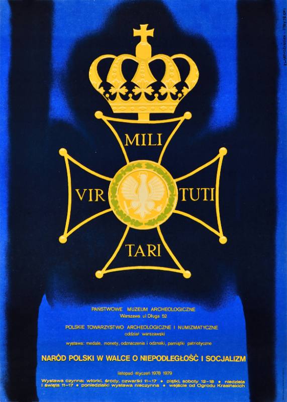 A poster of an ornate medal on a blue background