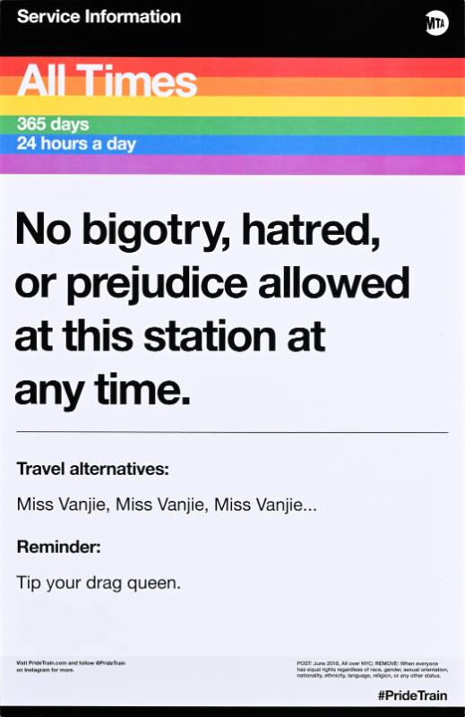 A poster of black text on a white and rainbow background