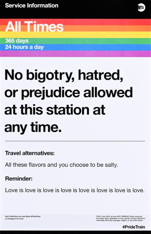 A poster of black text on a white and rainbow background