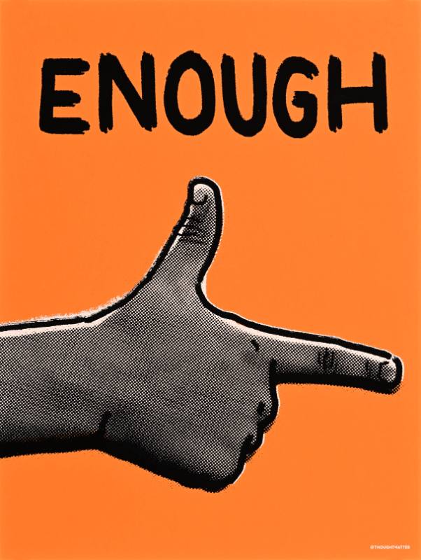 A poster of a hand making the shape of a gun below handwritten text