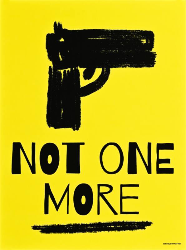 A poster of a handdrawn gun above bold handwritten text