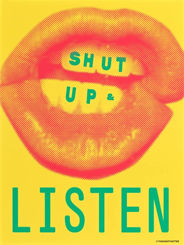 A poster of wide lips with bold green text on a bright yellow background