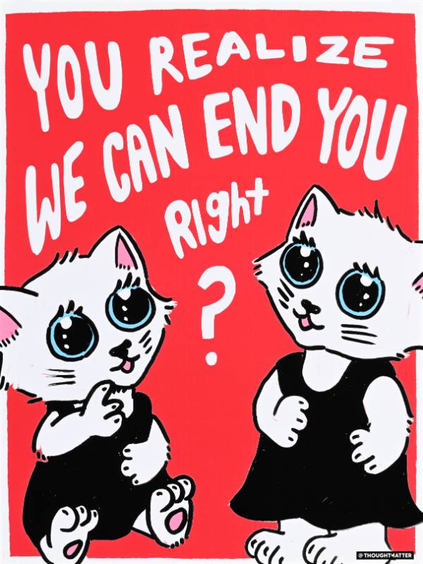 A poster of two cats looking suspiciously at the viewer