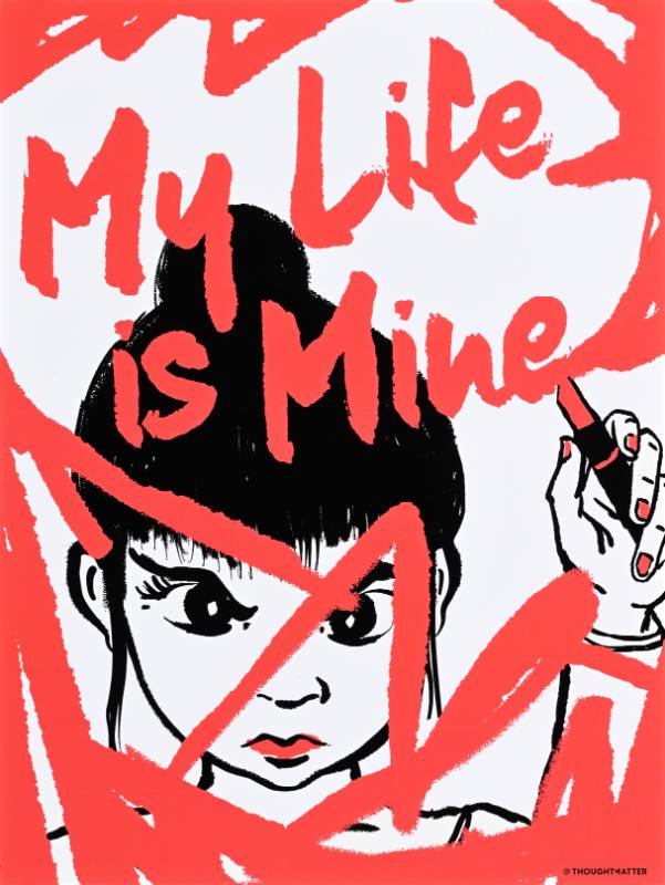 A poster of a cartoon girl with text scratched out on top of her