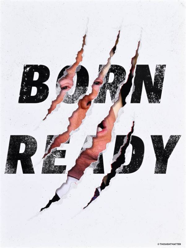 A poster of a white man's photograph being scratched out with bold text on top of it