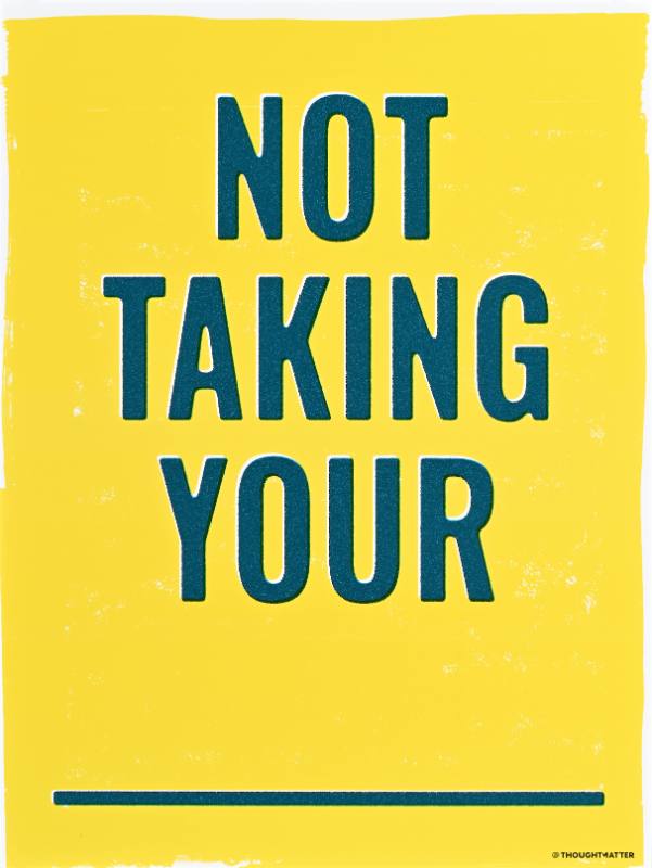 A poster of blue text on a yellow background