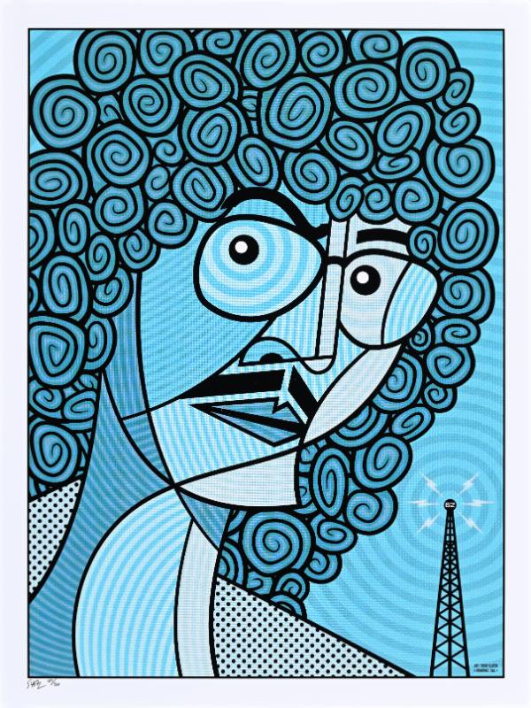 A poster of a man with curly hair made out of geometric shapes