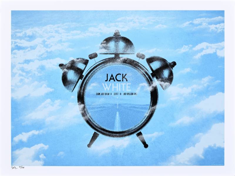 A poster of a clock in the clouds