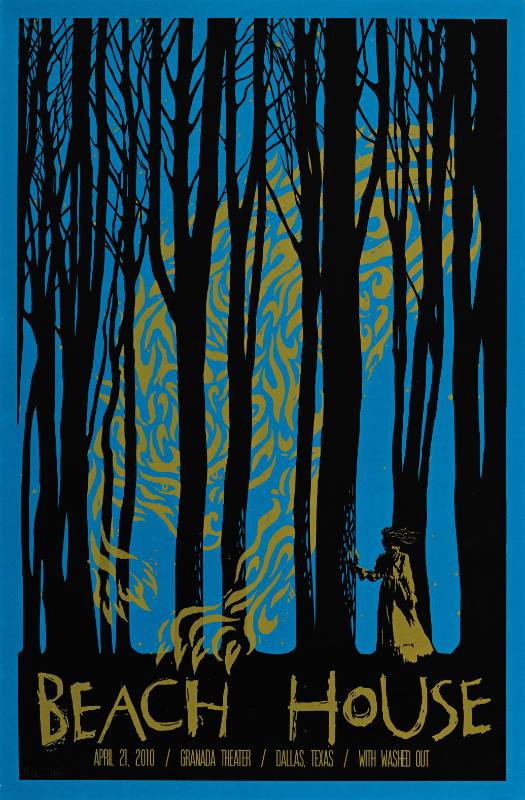 A poster of a woman walking through a forest with a creature crawling down from the sky
