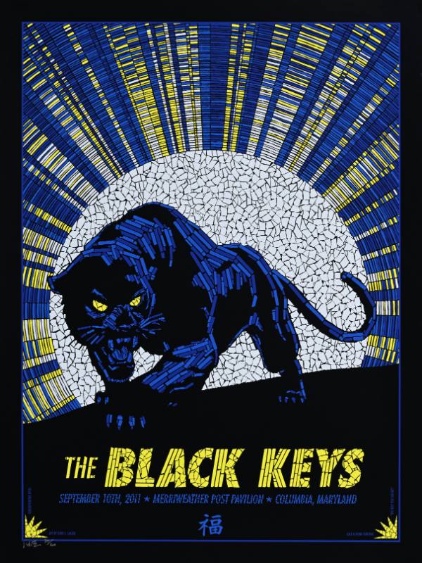 A poster of a scowling black panther made out of tiny geometric shapes