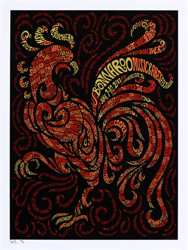 A poster of swirling text in the shape of a rooster