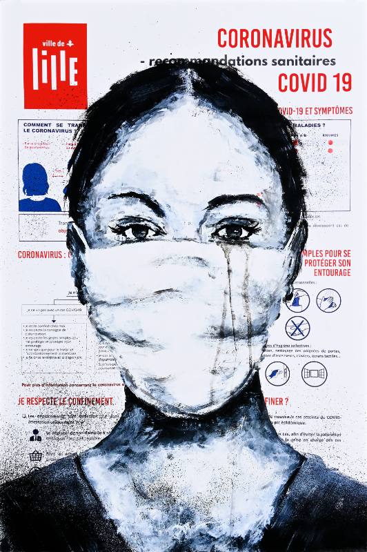 A poster of a woman with a mask with tears running down her face