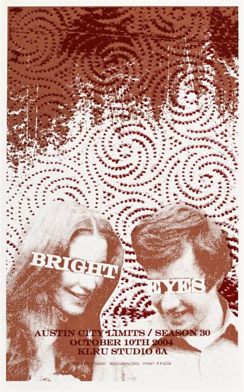 A poster of a man and woman below psychedelic swirls on a red background