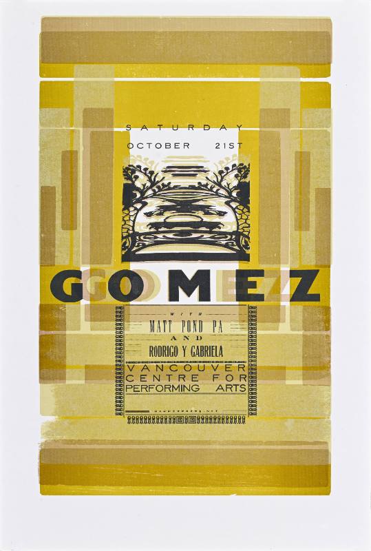 A poster of a tree above blurry text on a yellow geometric background