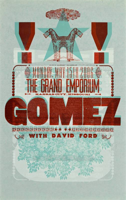 A poster of blurry text printed in red and blue above flowers on a blue background