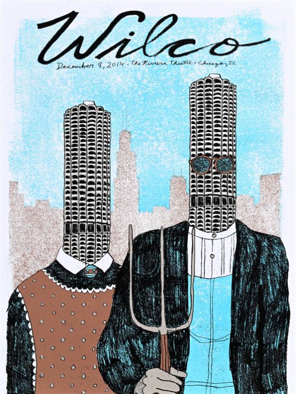 A poster of two buildings dressed as a farmer and his wife