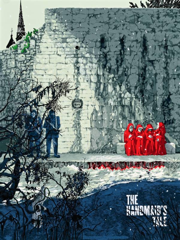 A poster of women dressed in red sitting in front of. a crumblign wall guarded by men with guns