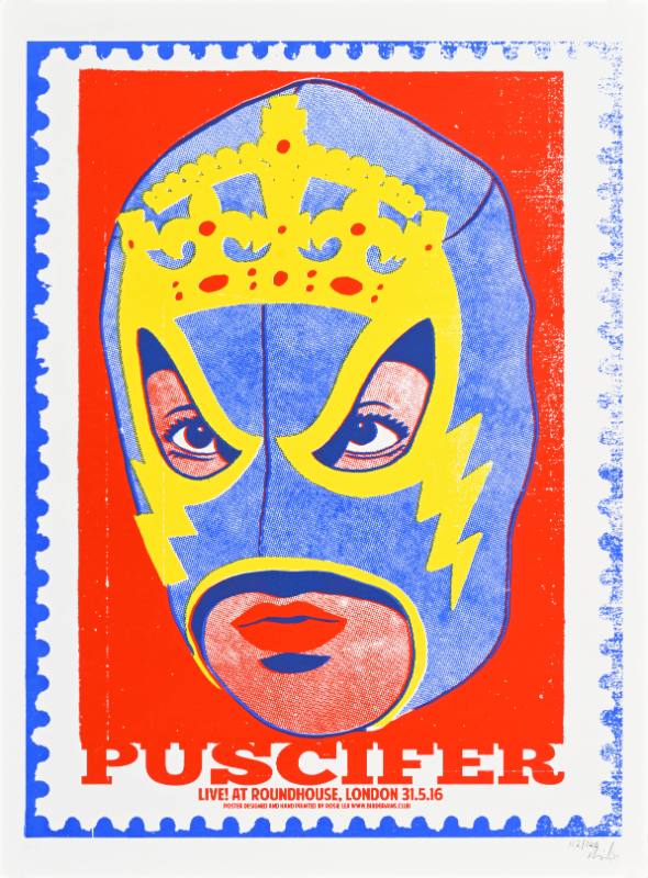 A poster of a luchador wearing a mask and bright red lipstick