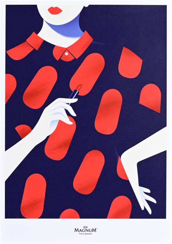 A poster of a woman in a polkadot dress holding lipstick in the shape of a popsicle