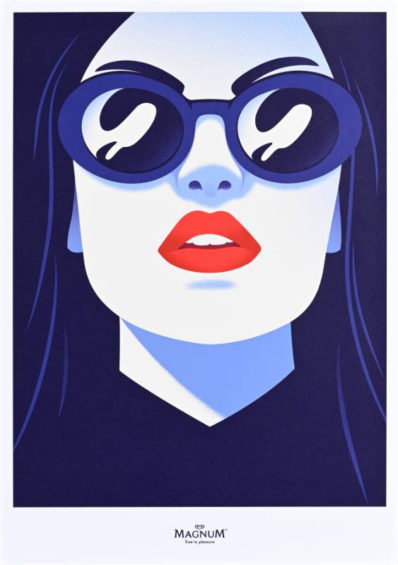 A poster of a mysterious blue woman with sunglasses on