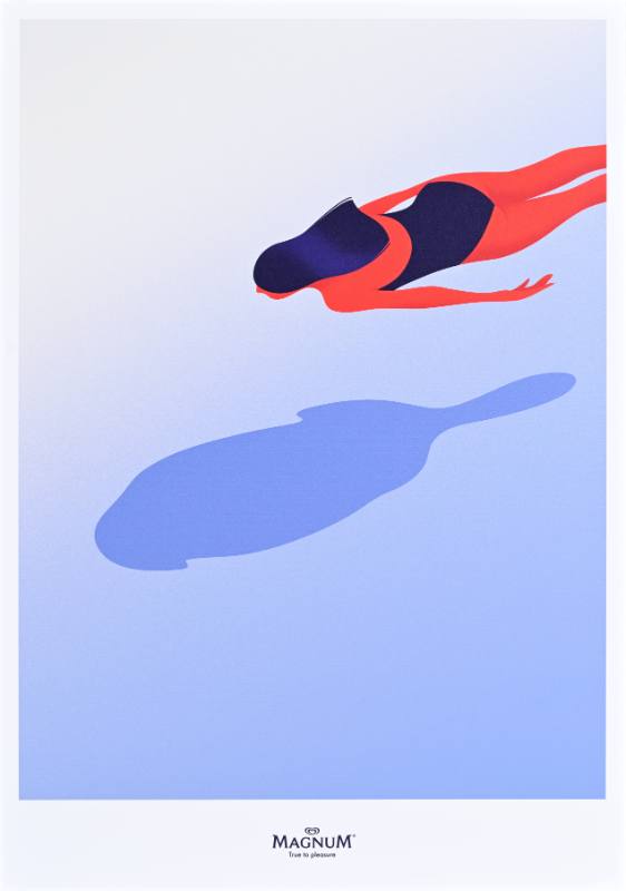 A poster of a woman casting a large blue shadow in the shape of a popsicle