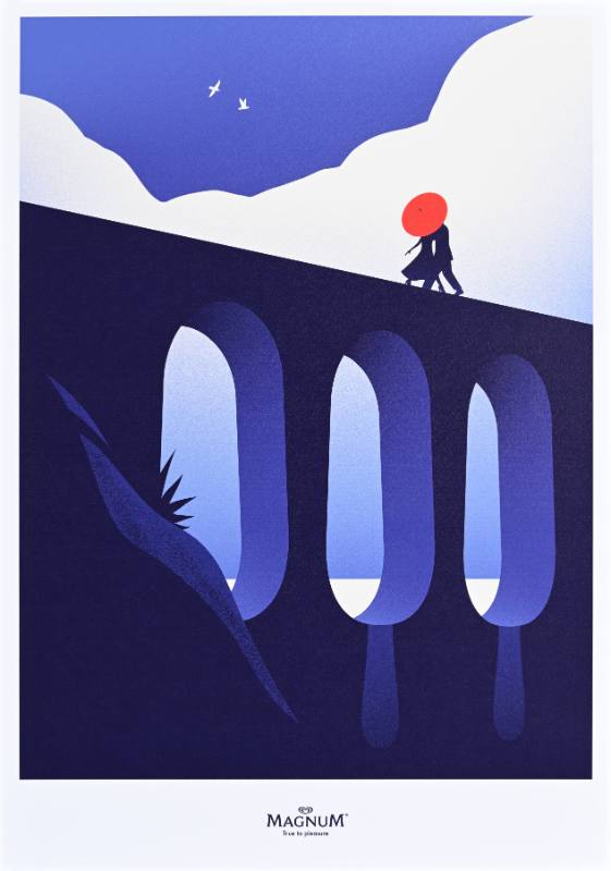 A poster of a man and a woman walking across a bridge casting shadows in the shape of a popsicle
