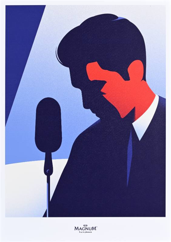 A poster of a man signing into a microphone in the shape of a popsicle