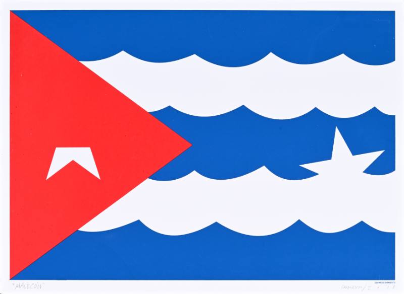 A poster of a red, blue, and white flag made out of wavy lines