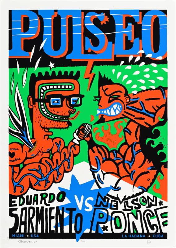 A poster of two cartoon men fighting on a green background